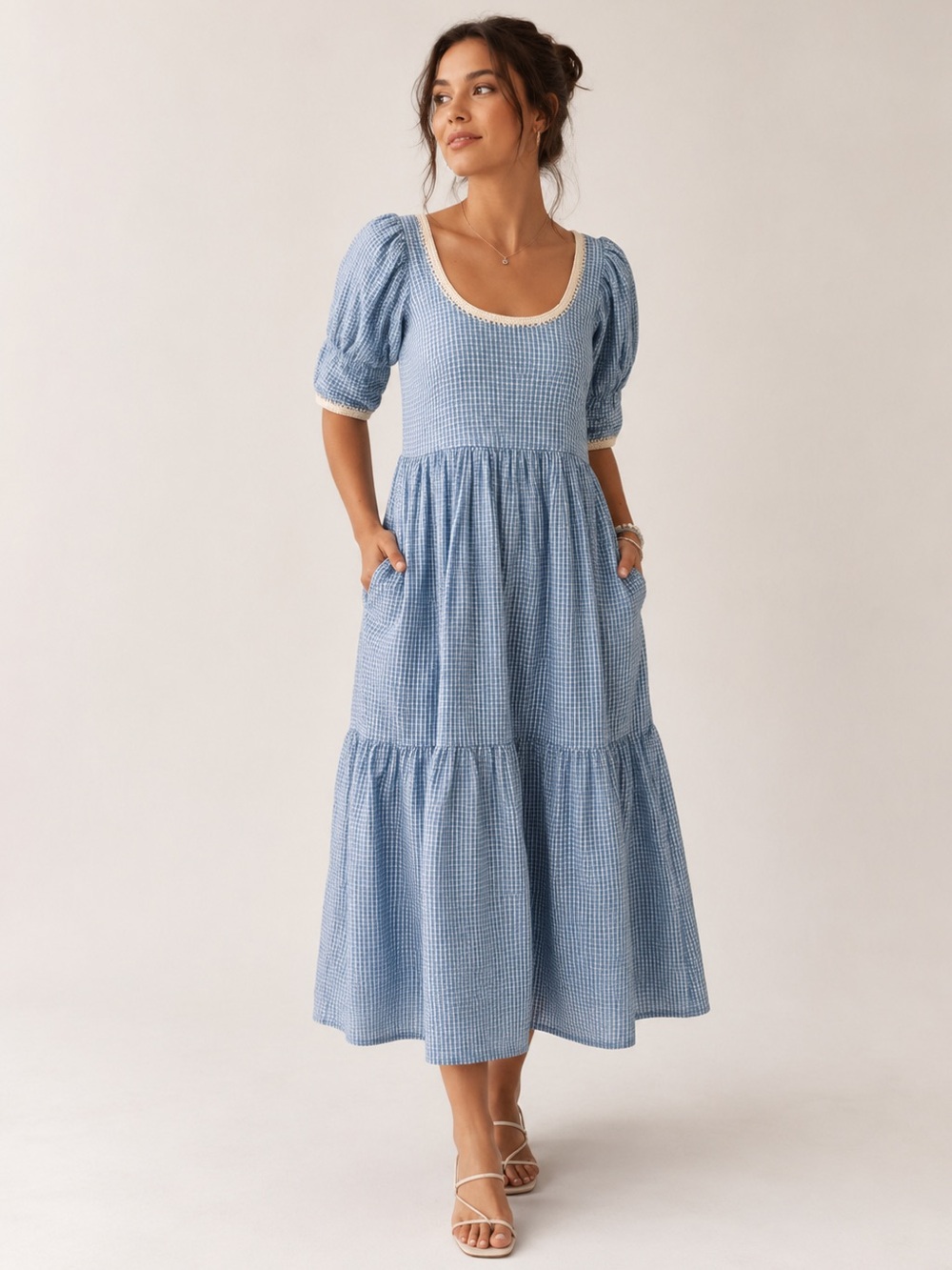 Loeffler Randall Gillian Puff−Sleeve Dress in Blue Gingham | XS - Picture 13 of 16